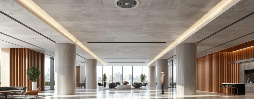 RAD Fire Sprinklers concealed commercial fire sprinklers in a modern open-plan building interior.