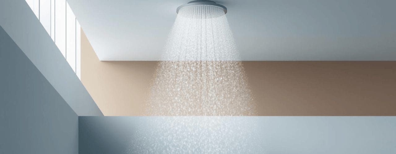 RAD Fire Sprinklers abstract mist sprinkler systems graphic in a modern architectural setting.