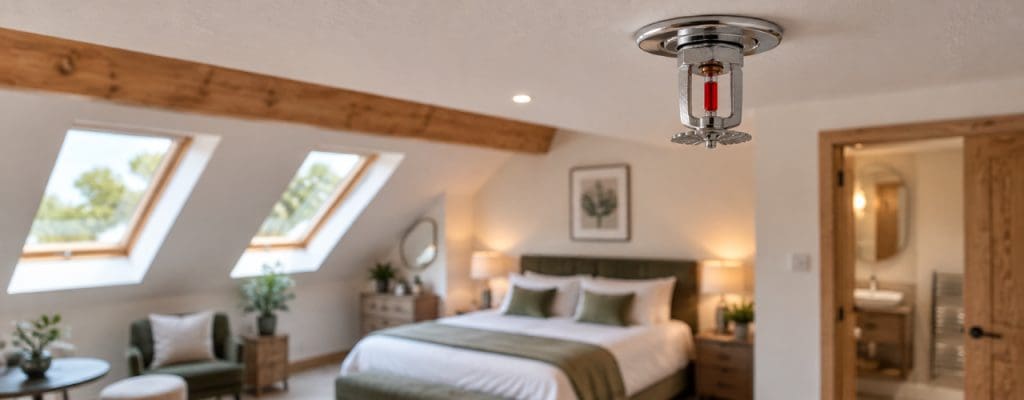 Modern holiday let attic bedroom with a ceiling-mounted domestic fire sprinkler above the bed, showing discreet fire protection within a residential interior.