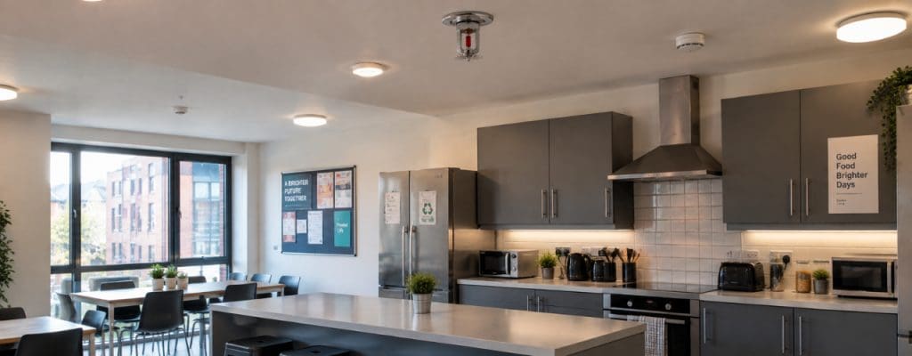 Modern shared student accommodation kitchen with a ceiling-mounted residential fire sprinkler system above the communal cooking and dining area.