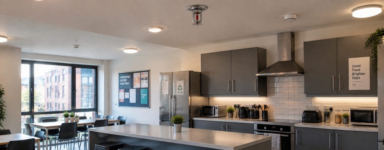 Modern shared student accommodation kitchen with a ceiling-mounted residential fire sprinkler system above the communal cooking and dining area.
