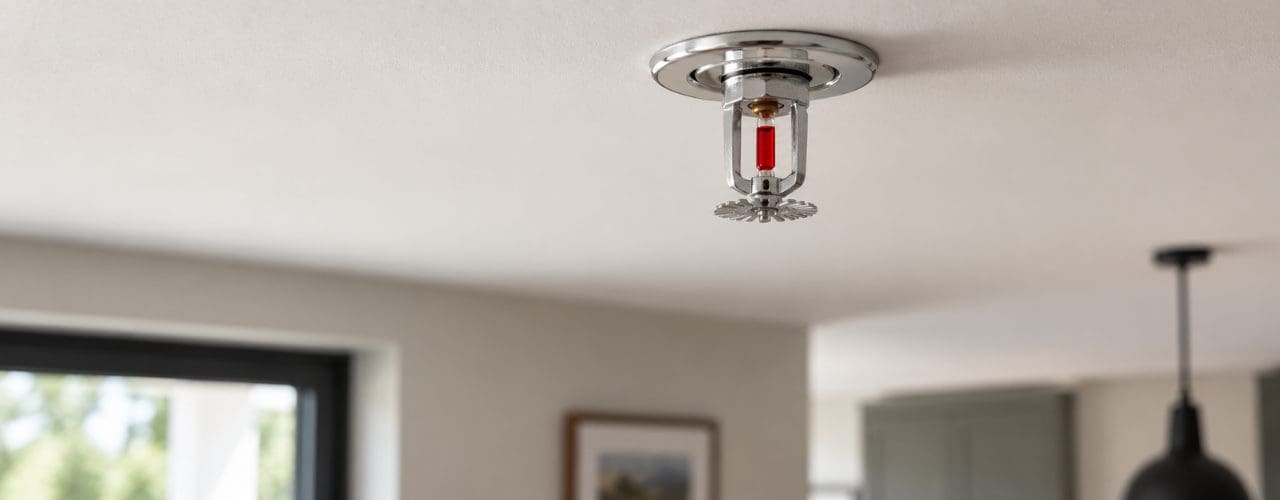 Close-up of a ceiling-mounted home fire sprinkler system installed inside a modern residential property.